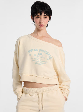 Guess Original Beige Go Boat Neck Distressed Sweatshirt W5GQ23K6814 Front View