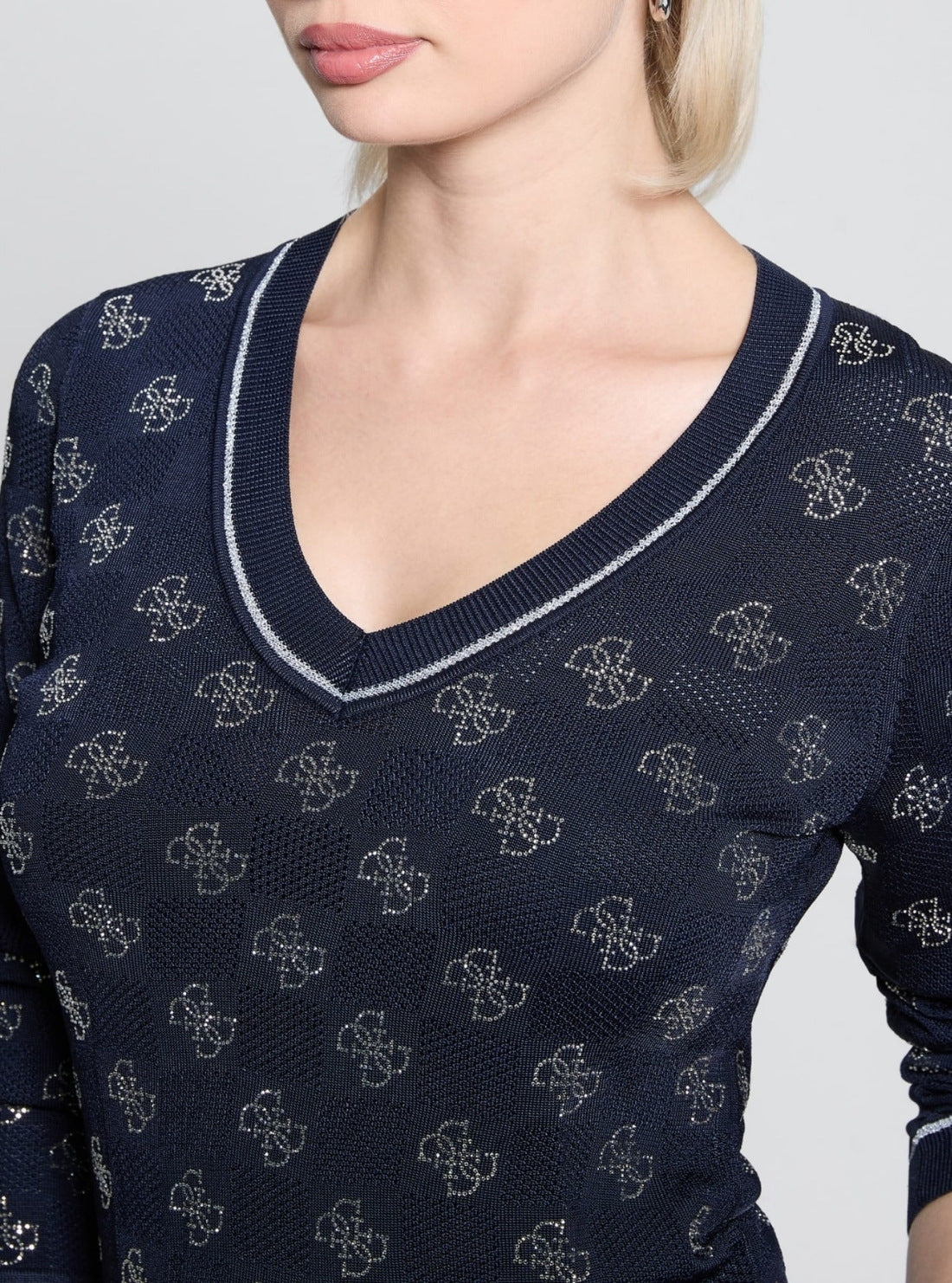 GUESS Womens Blackened Blue Rosie 4G Logo Sweater W5GR07Z3D60 Detail View