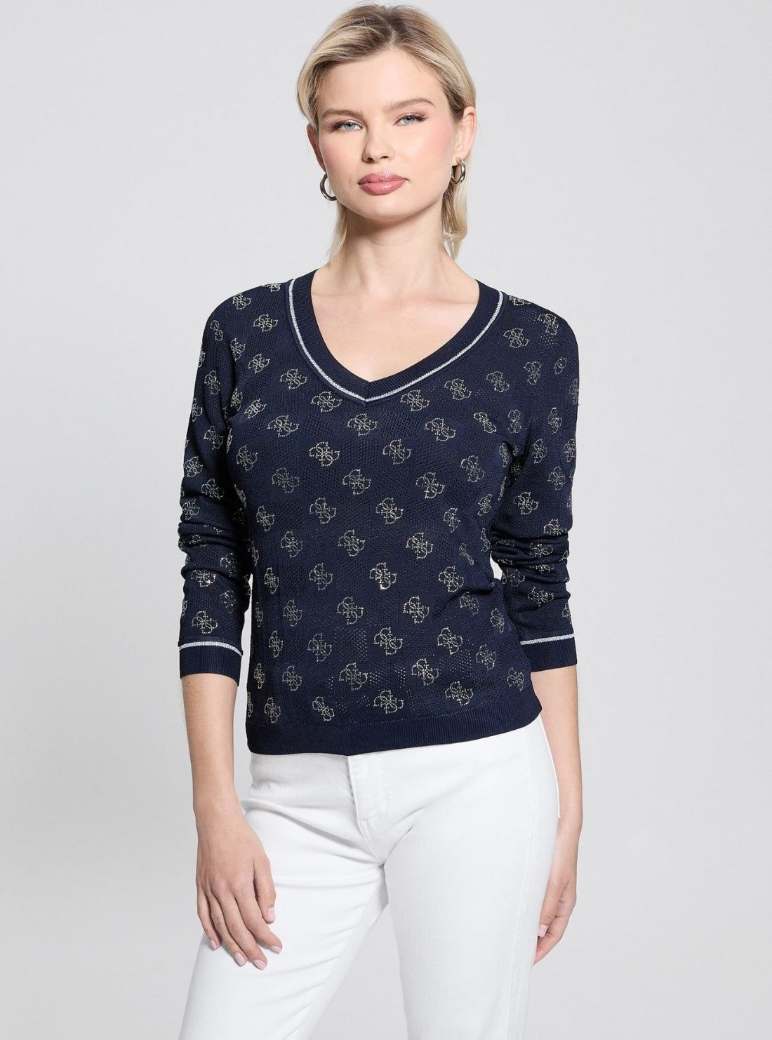 GUESS Womens Blackened Blue Rosie 4G Logo Sweater W5GR07Z3D60 Front View