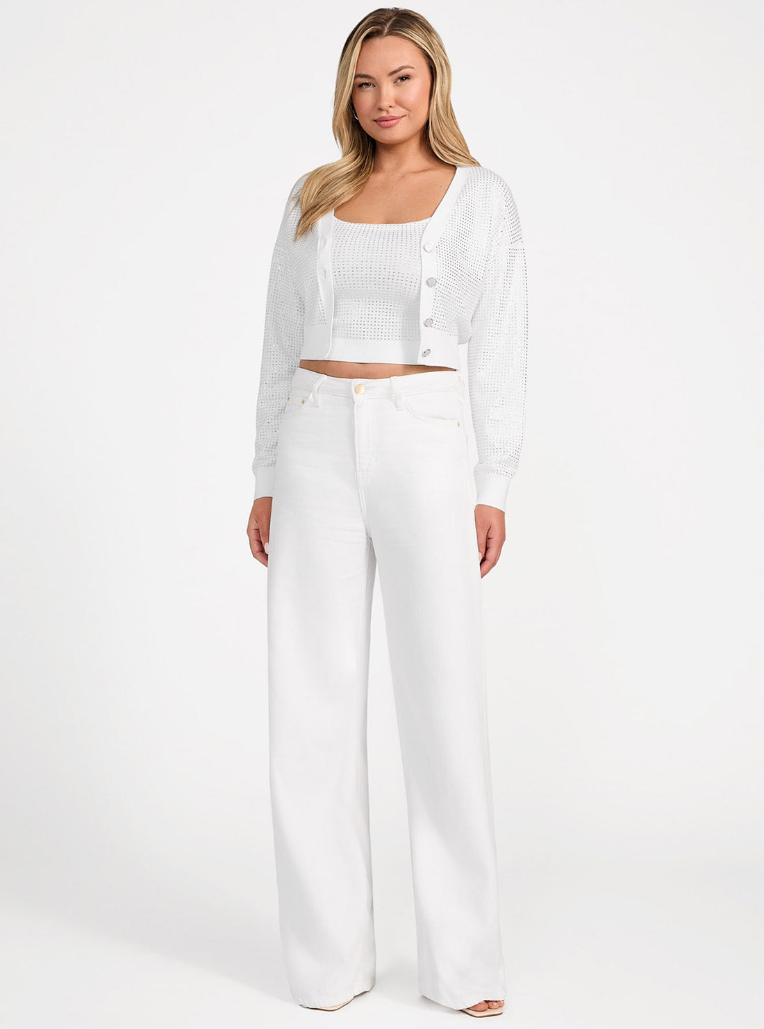 GUESS Womens White Khloe Rhinestones Sweater Cardigan W5GR08Z3MN2 Full View