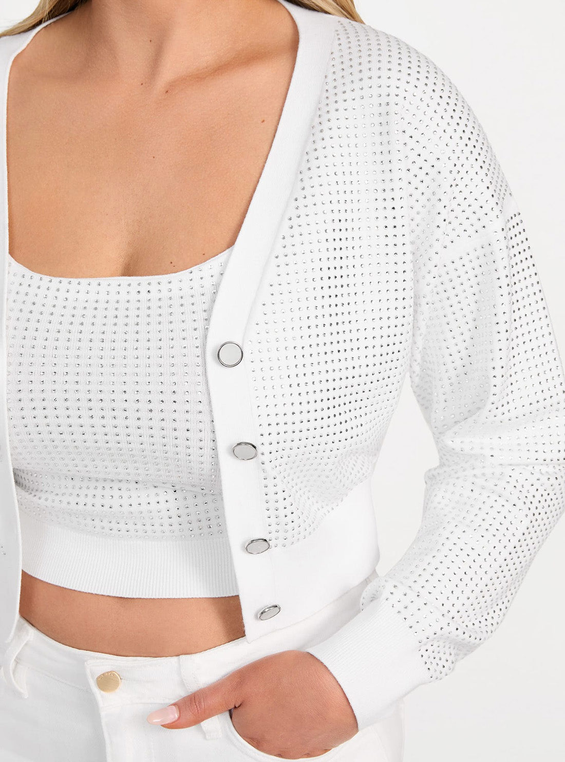 GUESS Womens White Khloe Rhinestones Sweater Cardigan W5GR08Z3MN2 Detail View