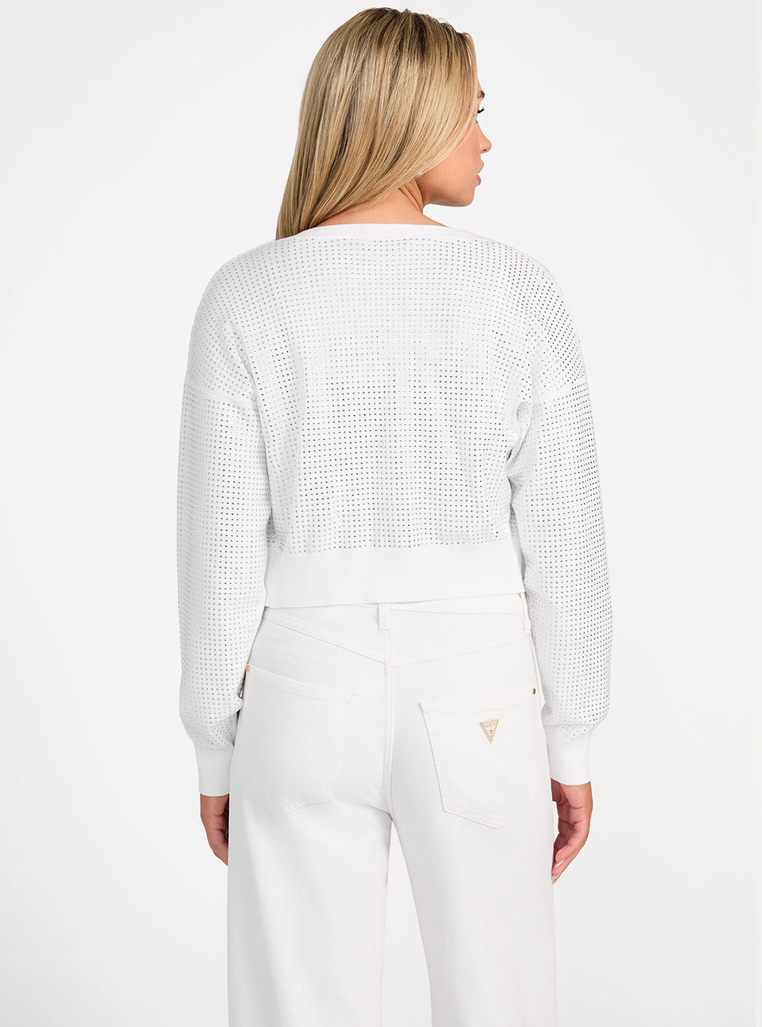 GUESS Womens White Khloe Rhinestones Sweater Cardigan W5GR08Z3MN2 Back View