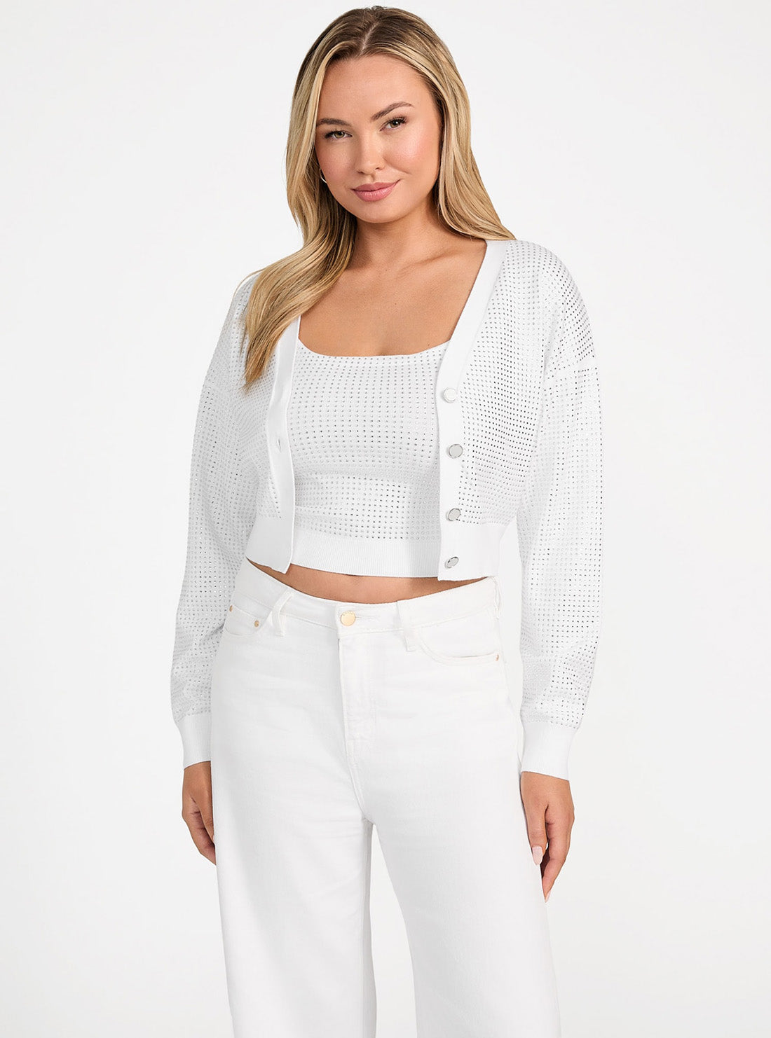 GUESS Womens White Khloe Rhinestones Sweater Cardigan W5GR08Z3MN2 Front View