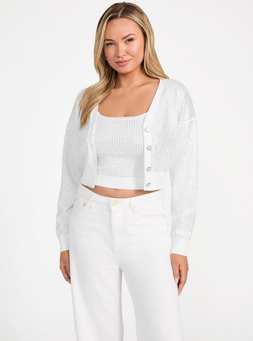GUESS Womens White Khloe Rhinestones Sweater Cardigan W5GR08Z3MN2 Front View