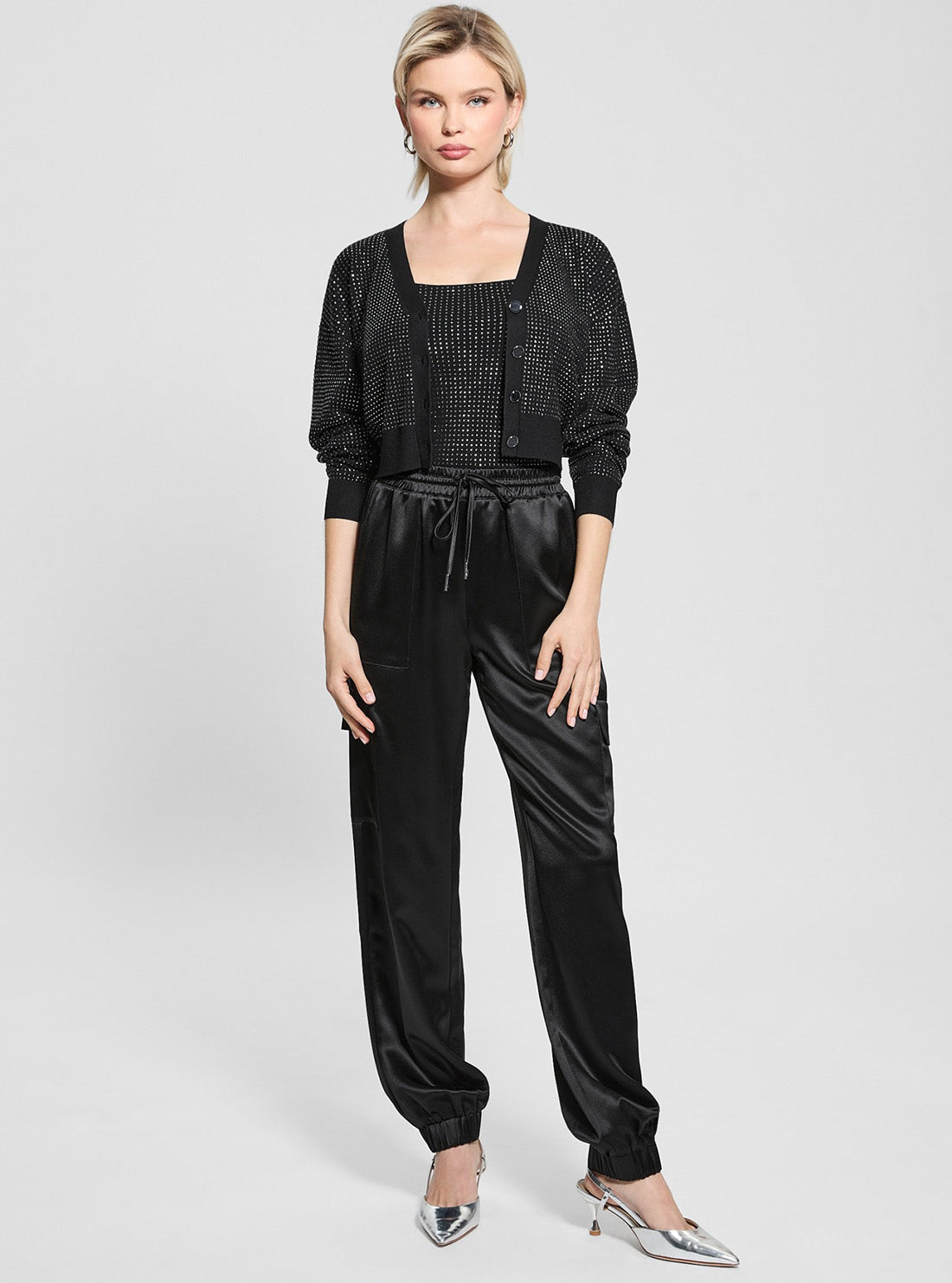 GUESS Womens Black Khloe Rhinestones Sweater Cardigan W5GR08Z3MN2 Full View