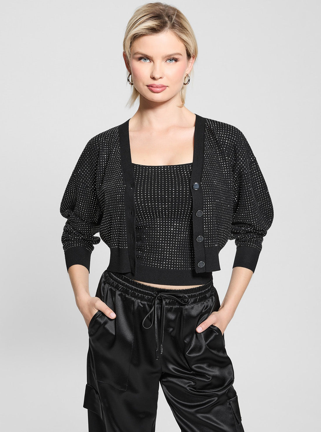 GUESS Womens Black Khloe Rhinestones Sweater Cardigan W5GR08Z3MN2 Front View