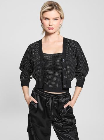 GUESS Womens Black Khloe Rhinestones Sweater Cardigan W5GR08Z3MN2 Front View