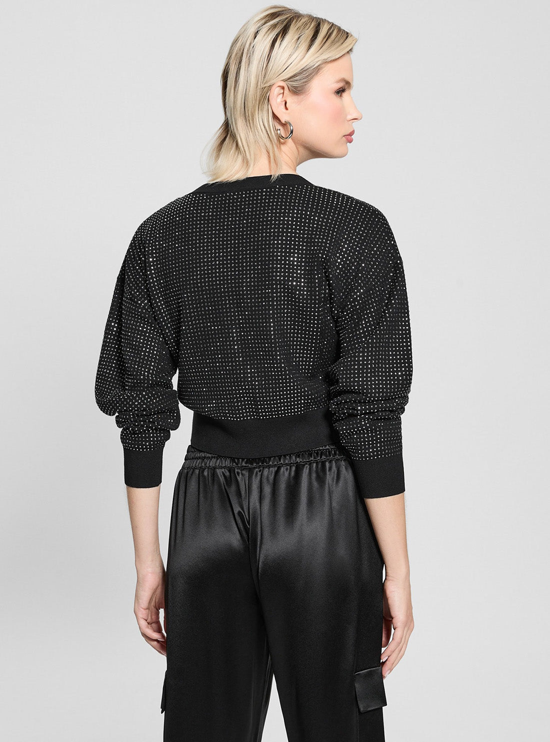GUESS Womens Black Khloe Rhinestones Sweater Cardigan W5GR08Z3MN2 Back View