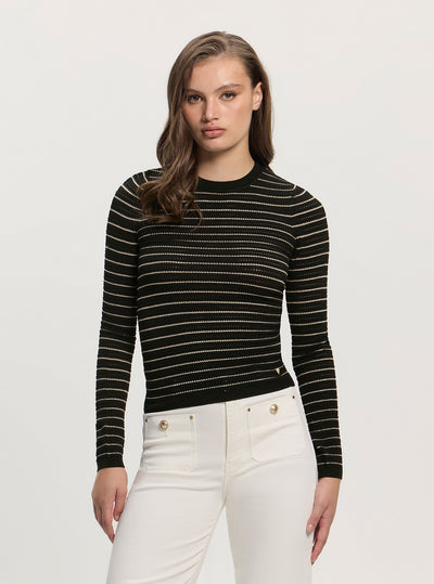 GUESS Womens Black Gold Striped Kyla Sweater W5GR14Z3MS0 Front View