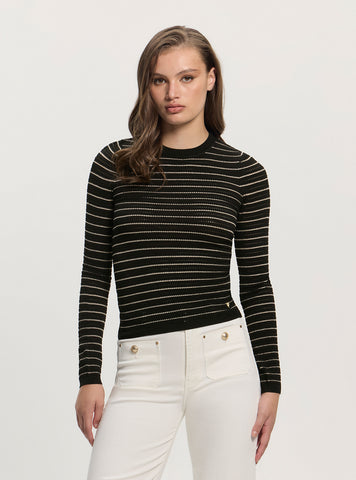 GUESS Womens Black Gold Striped Kyla Sweater W5GR14Z3MS0 Front View