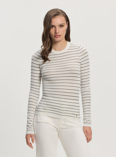 GUESS Womens White Black Striped Kyla Sweater W5GR14Z3MS0 Front View