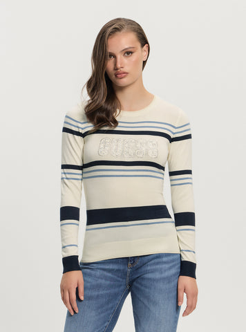 GUESS Womens White Blue Striped Paris Logo Round Neck Sweater W5GR18Z2NQ2 Front View