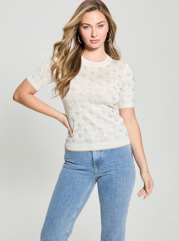 GUESS Womens White Rosie 4G Logo Knit Sweater W5GR20Z3D60 Front View