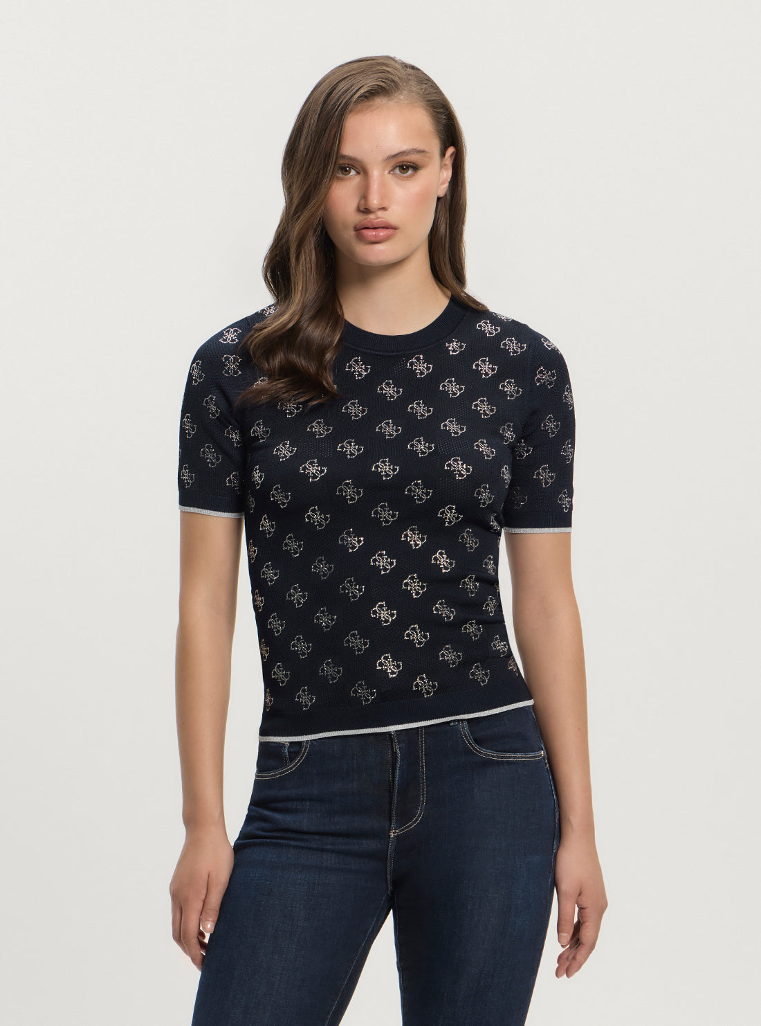 GUESS Women's Blackened Blue Rosie 4G Logo Knit Sweater W5GR20Z3D60 Front View