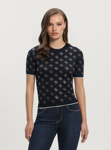 GUESS Women's Blackened Blue Rosie 4G Logo Knit Sweater W5GR20Z3D60 Front View