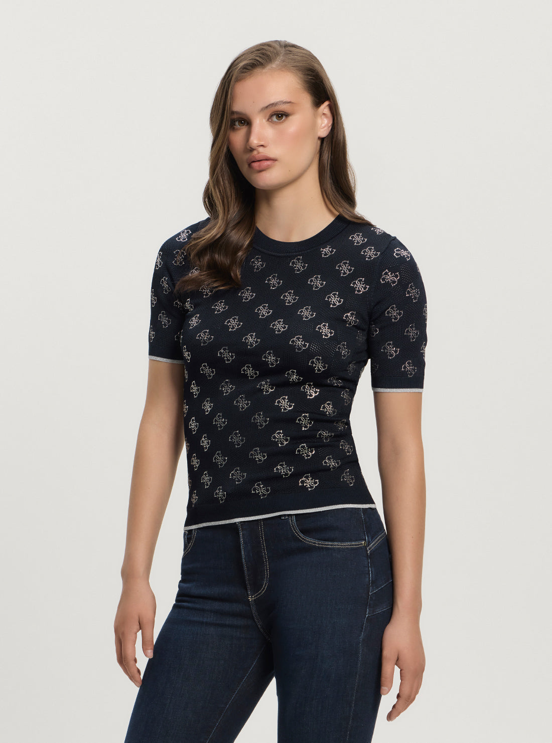 GUESS Women's Blackened Blue Rosie 4G Logo Knit Sweater W5GR20Z3D60 Front Side View