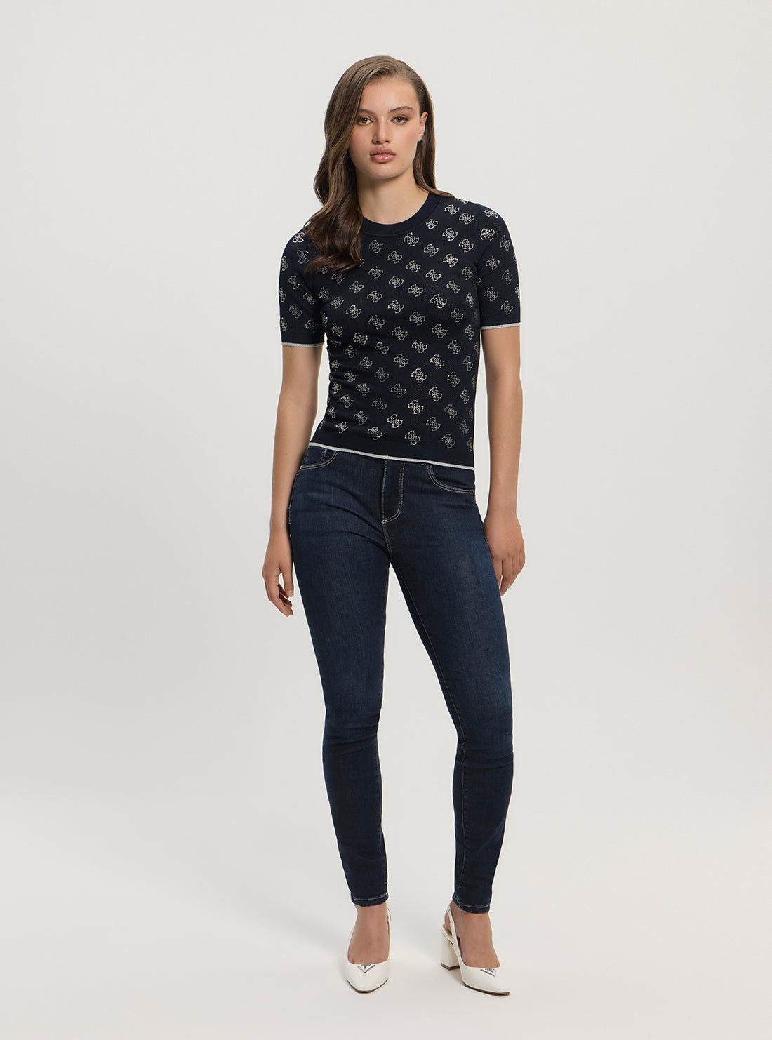 GUESS Women's Blackened Blue Rosie 4G Logo Knit Sweater W5GR20Z3D60 Full View