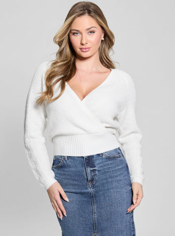 GUESS Womens White Surplice Cable Kellie Sweater W5GR29Z3LG0 Front View