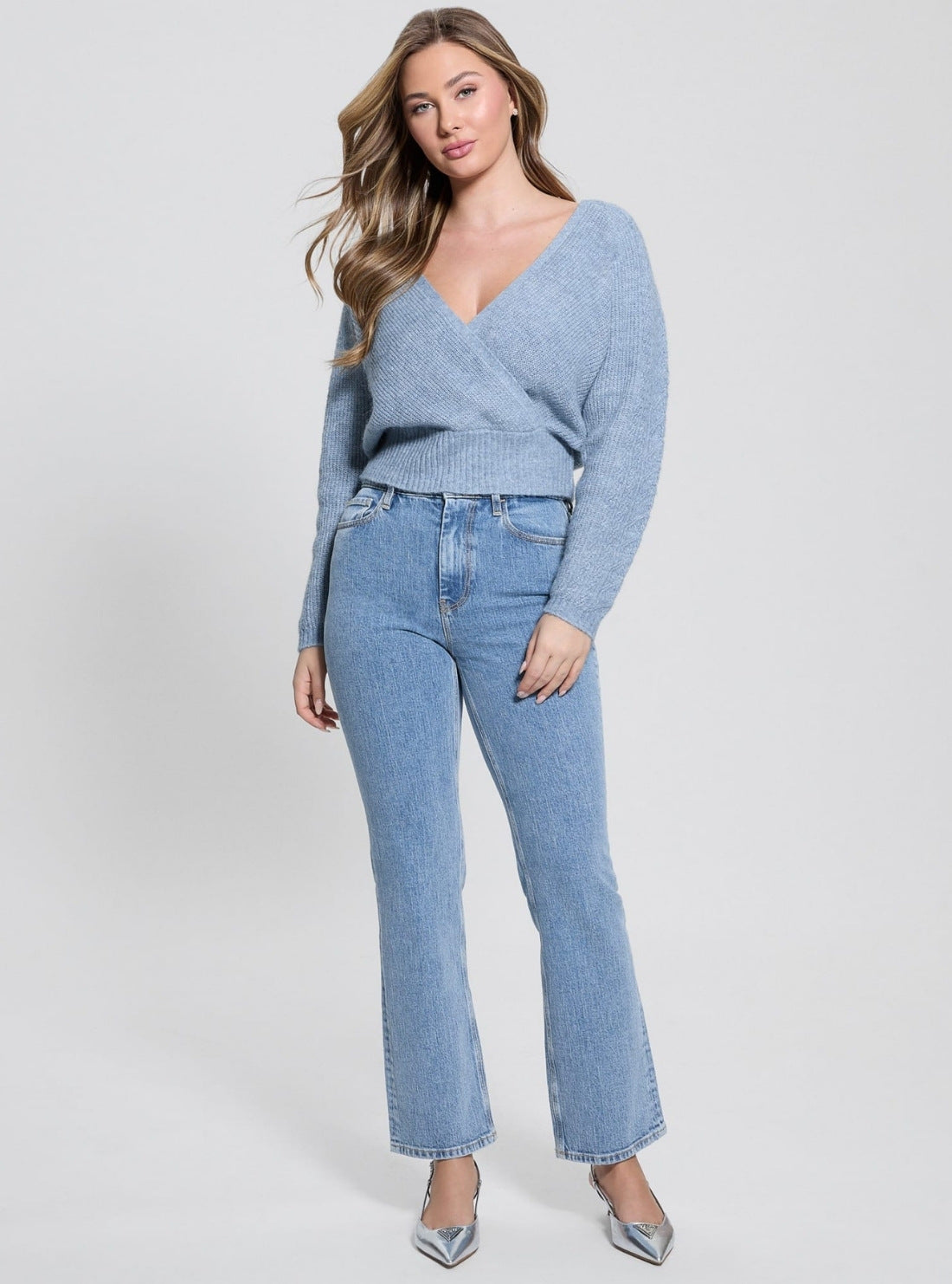 GUESS Womens Blue Surplice Cable Kellie Sweater W5GR29Z3LG0 Full View