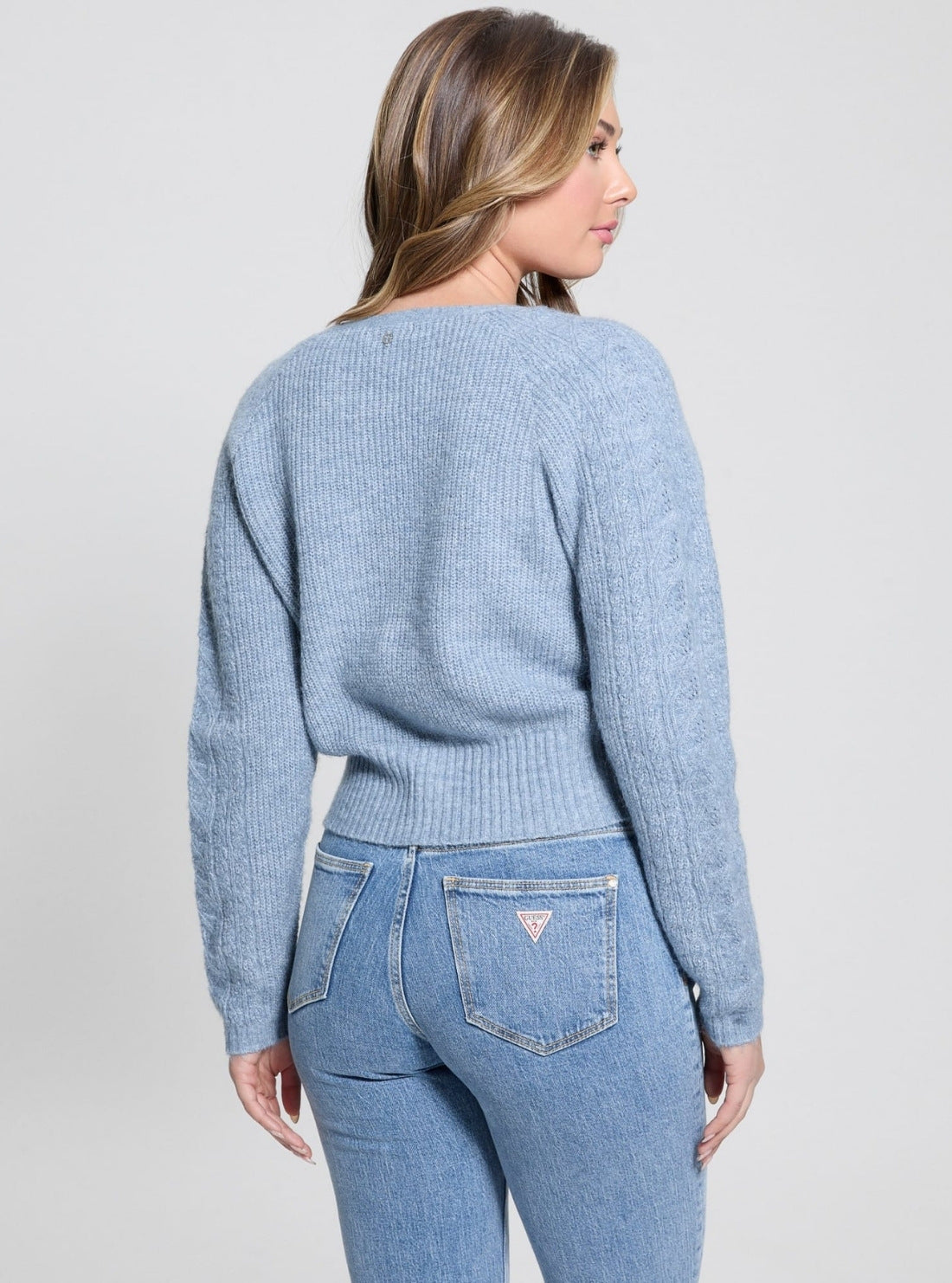GUESS Womens Blue Surplice Cable Kellie Sweater W5GR29Z3LG0 Back View