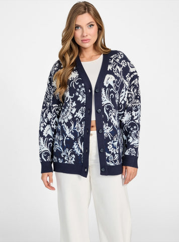 GUESS Womens Blackened Blue Jacquard Melinda Cardigan W5GR31Z2ZK2 Front View