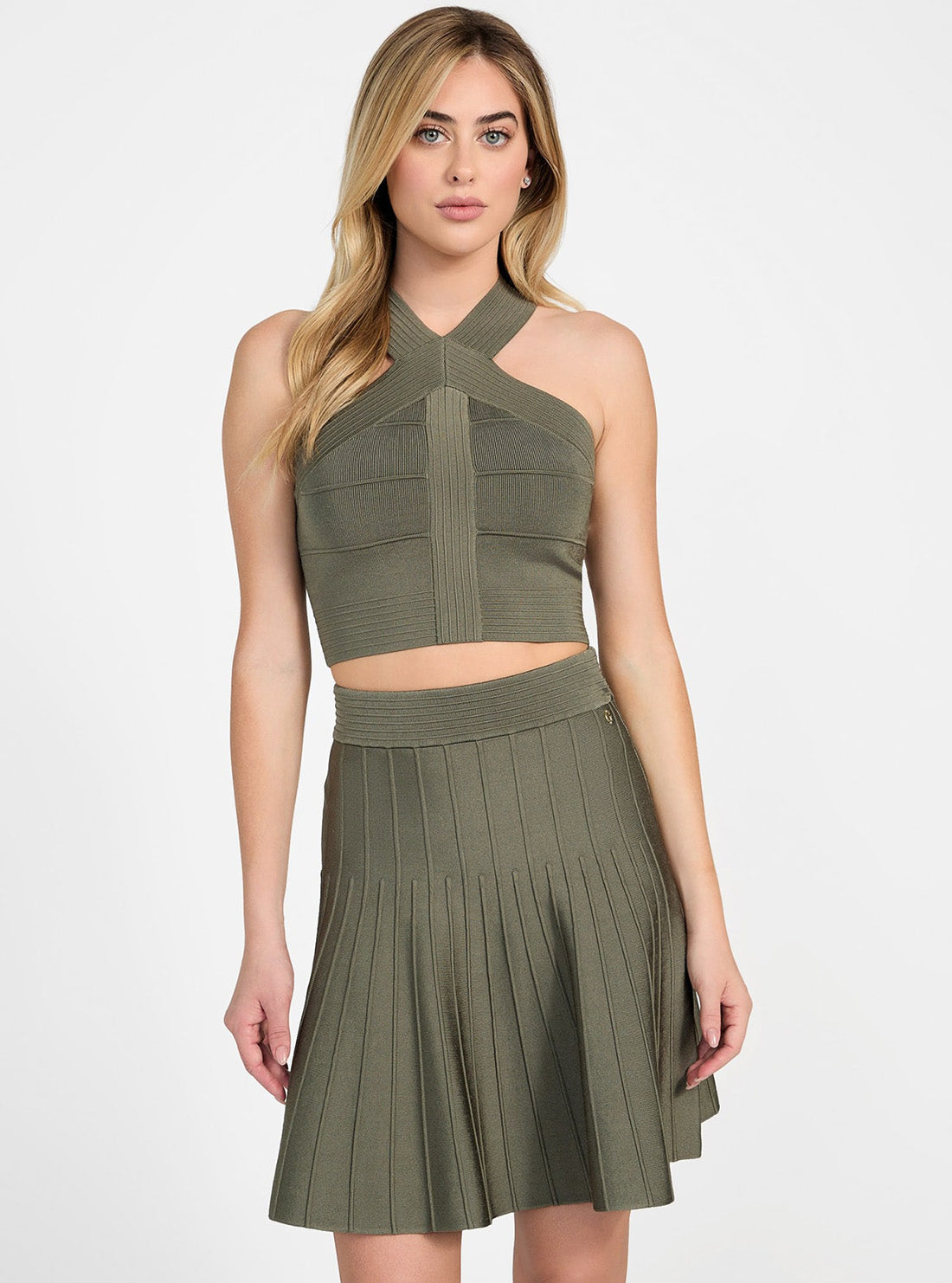 GUESS Womens Green Staci Halter Sweater Top W5GR32Z2XY0 Front View