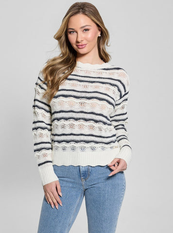 GUESS Womens White Blue Striped Valerie Sweater W5GR35Z3NJ0 Front View