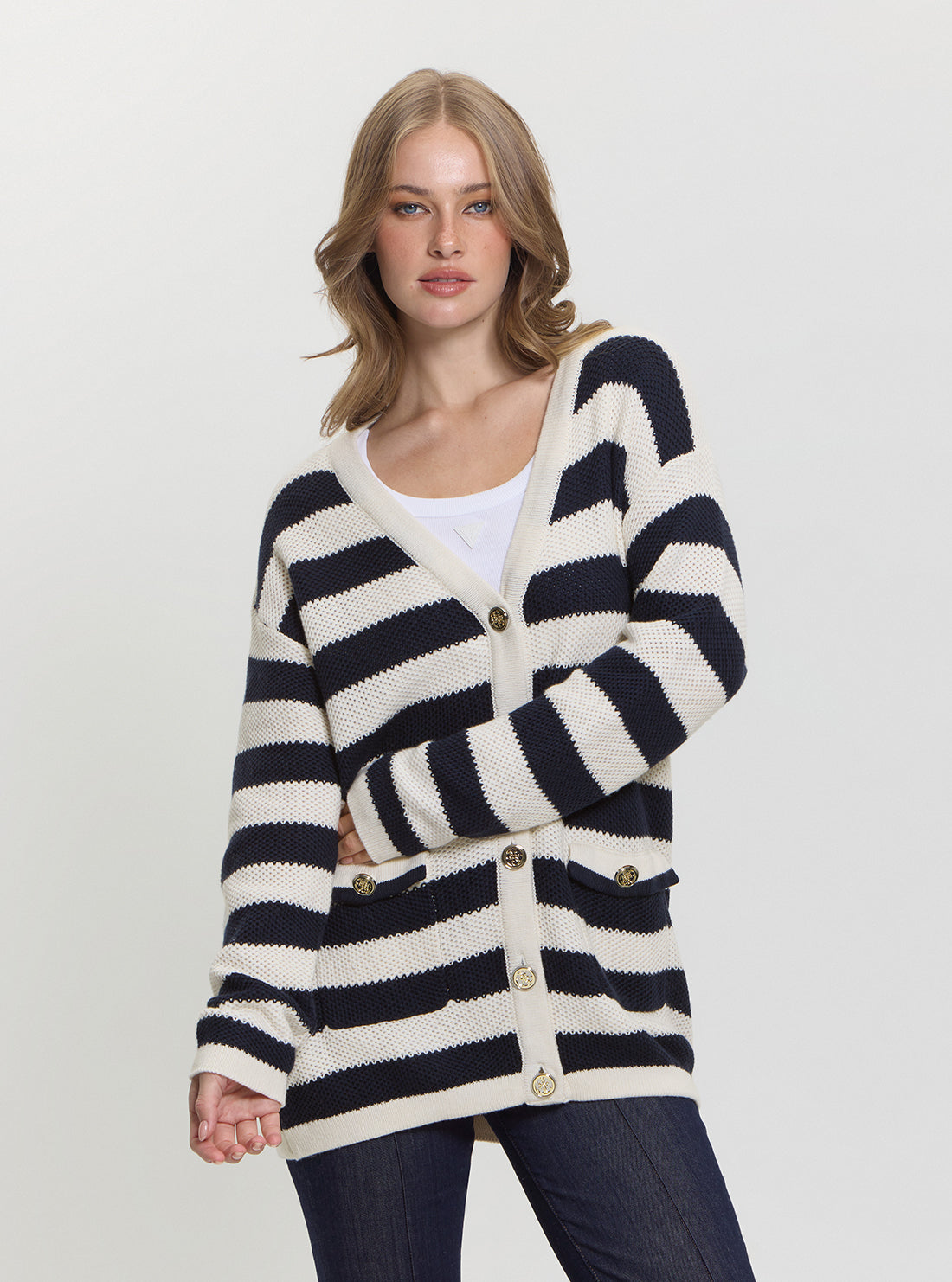 GUESS Womens White Black Striped Sofia Knitted Cardigan Sweater Front View