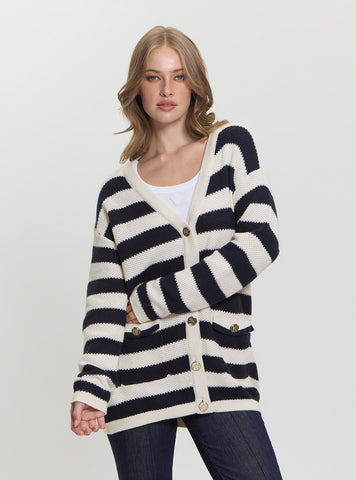 GUESS Womens White Black Striped Sofia Knitted Cardigan Sweater Front View