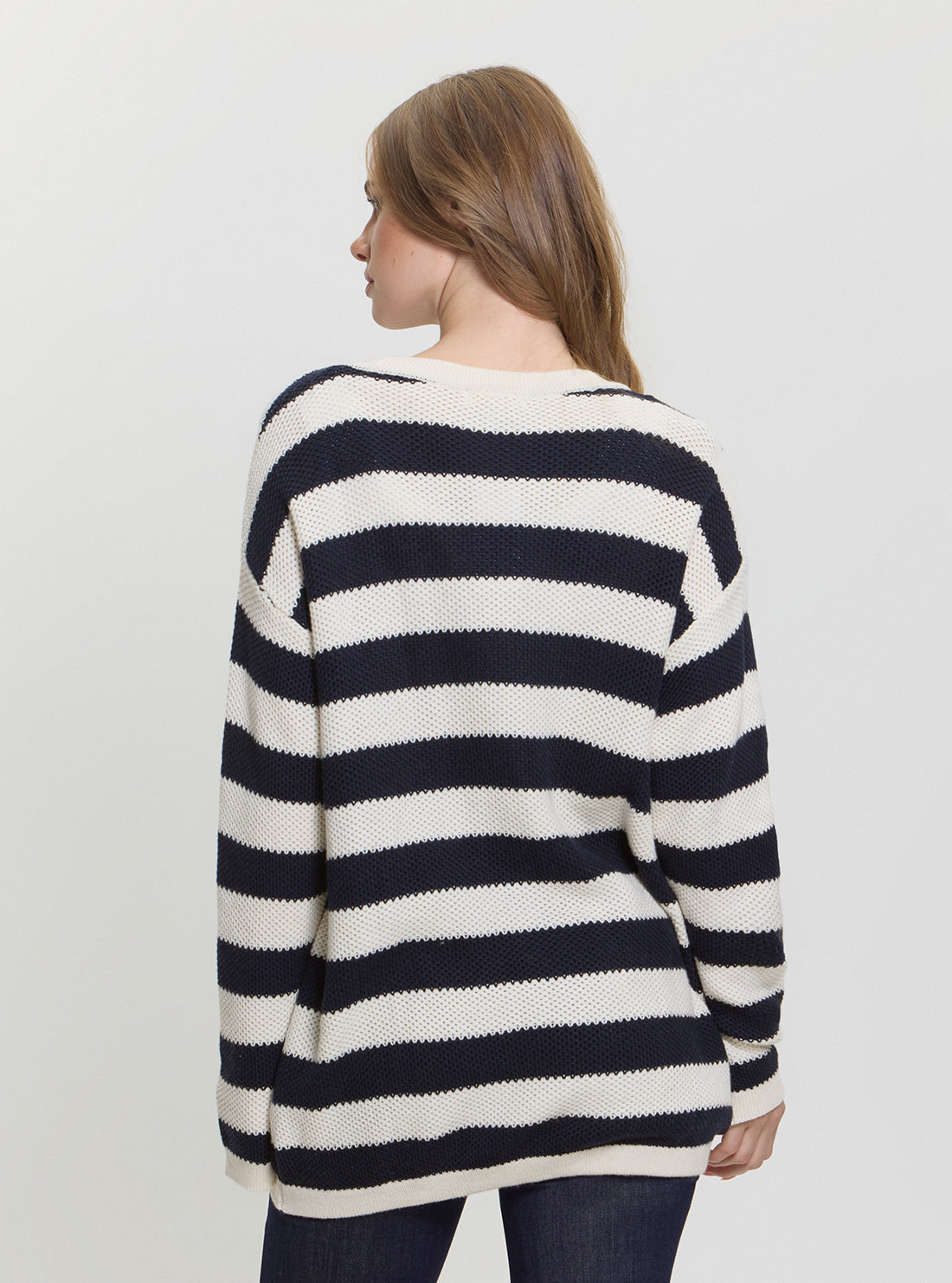 GUESS Womens White Black Striped Sofia Knitted Cardigan Sweater Back View