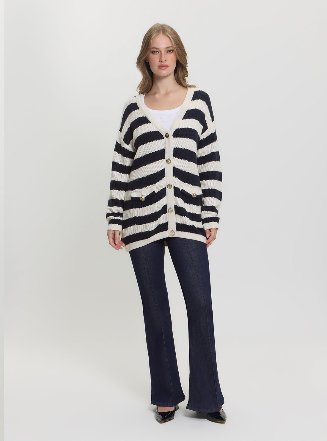 GUESS Womens White Black Striped Sofia Knitted Cardigan Sweater Full View