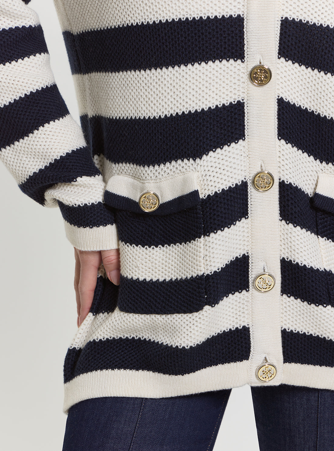 GUESS Womens White Black Striped Sofia Knitted Cardigan Sweater Detail View