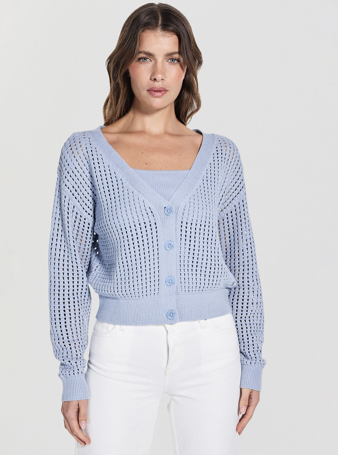 GUESS Womens Blue Sage Cardi Sweater W5GR44Z3C71 Front View