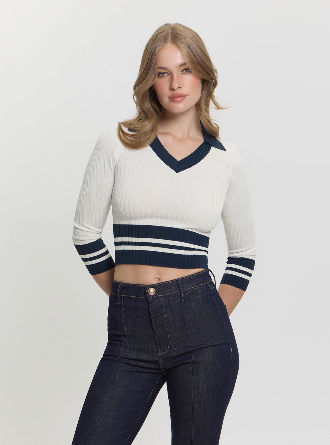 GUESS Womens White Sydney Polo Sweater W5GR46Z3L10 Front View