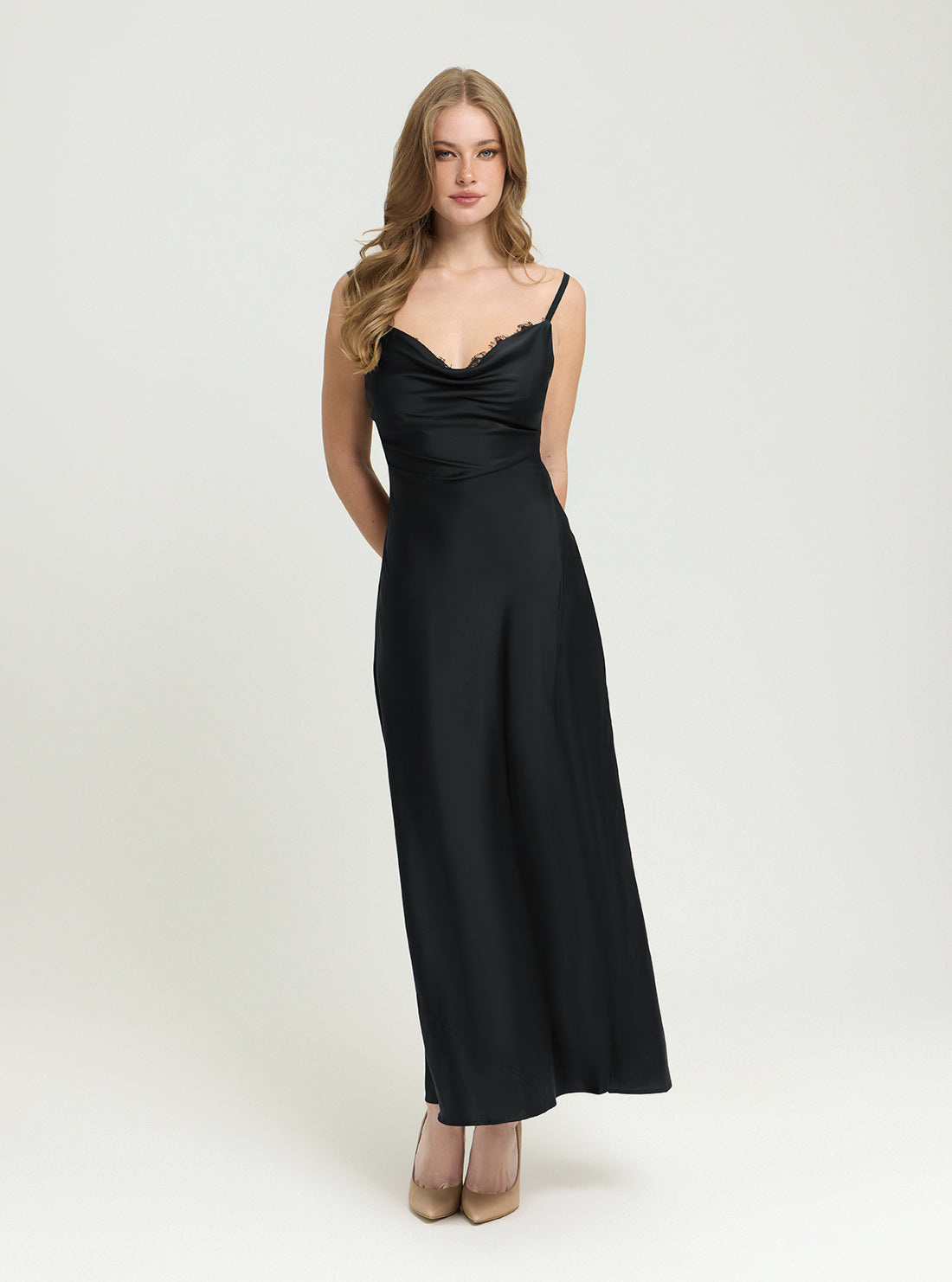 GUESS Womens Black Adele Lace Maxi Dress W5GT10WF1T2 Front View