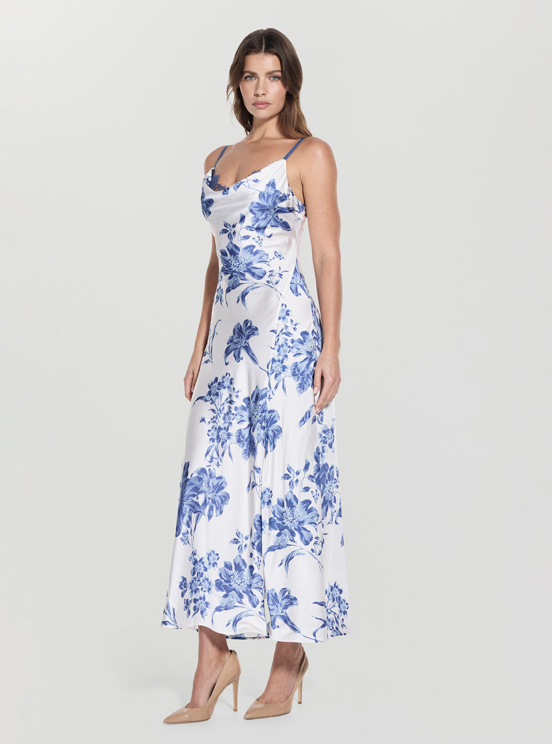 GUESS Womens Blue Floral Print Adele Lace Maxi Dress W5GT10WF1T2 Front Side View