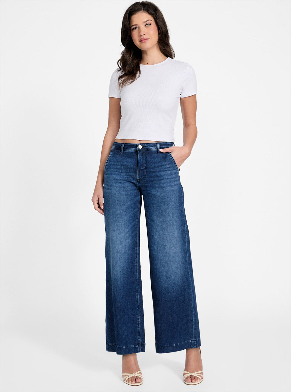 GUESS Womens Cheval Blue Zoya Wide Leg Jeans in Medium Wash W5PA1LD5QQ0 Full View