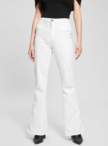 GUESS Womens White Belle High Rise Flare Jeans W5RA1QD3A50 Front View