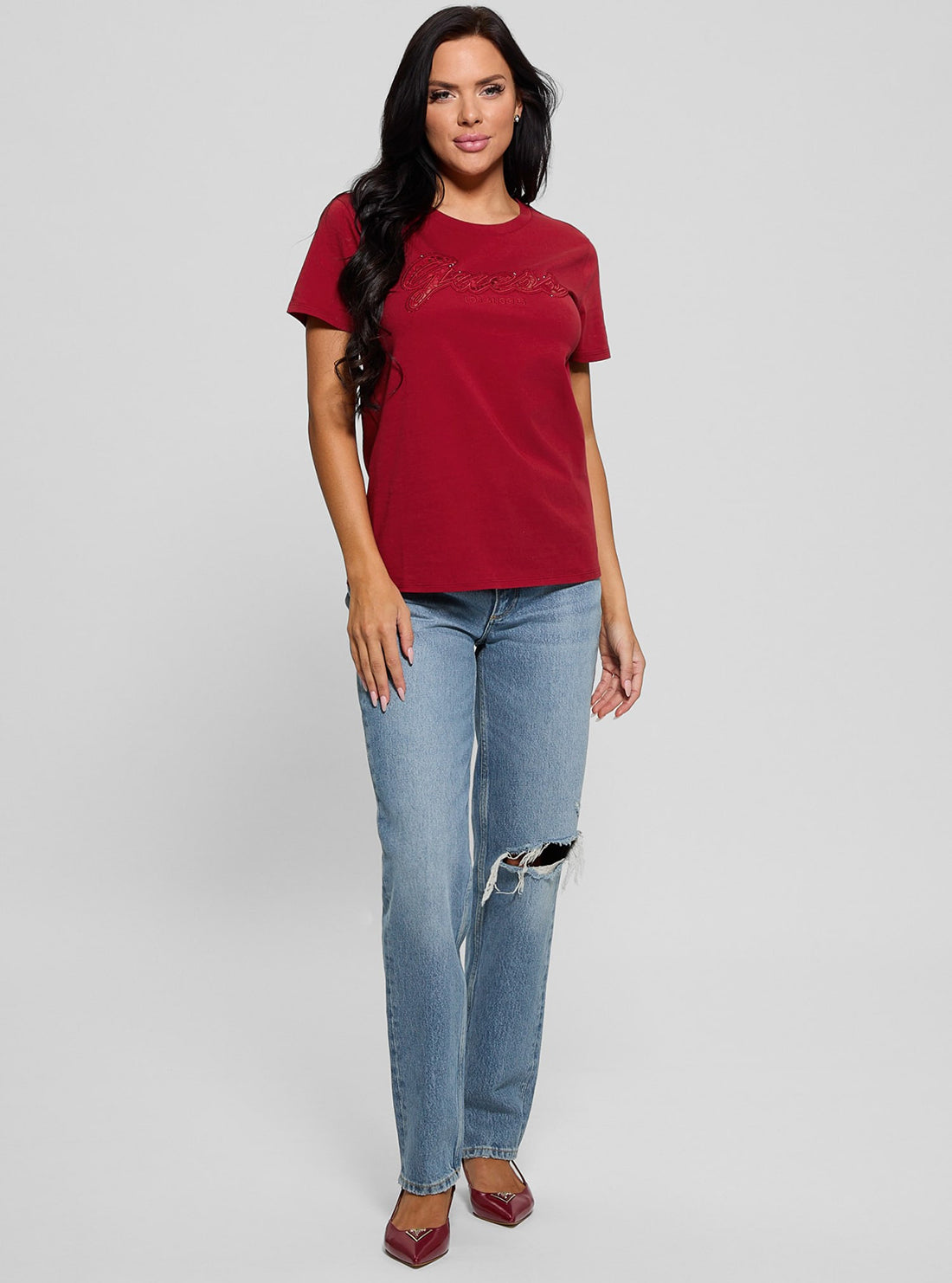Eco Red Script Lace Logo T-Shirt | GUESS