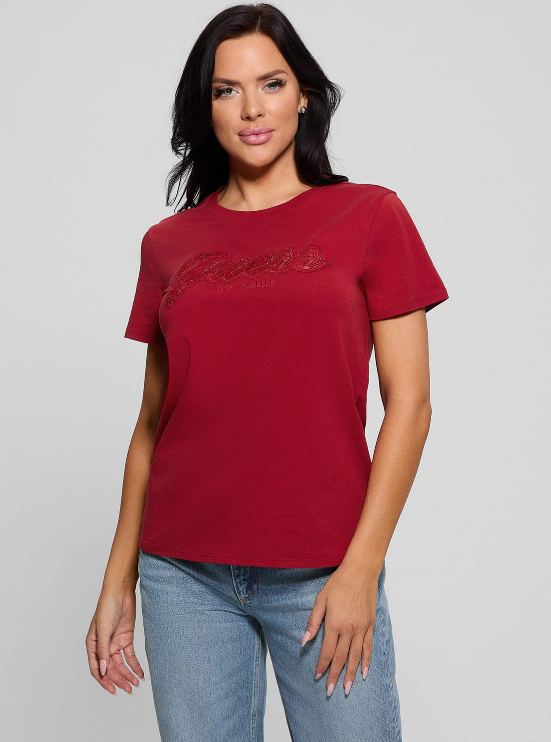 Eco Red Script Lace Logo T-Shirt | GUESS