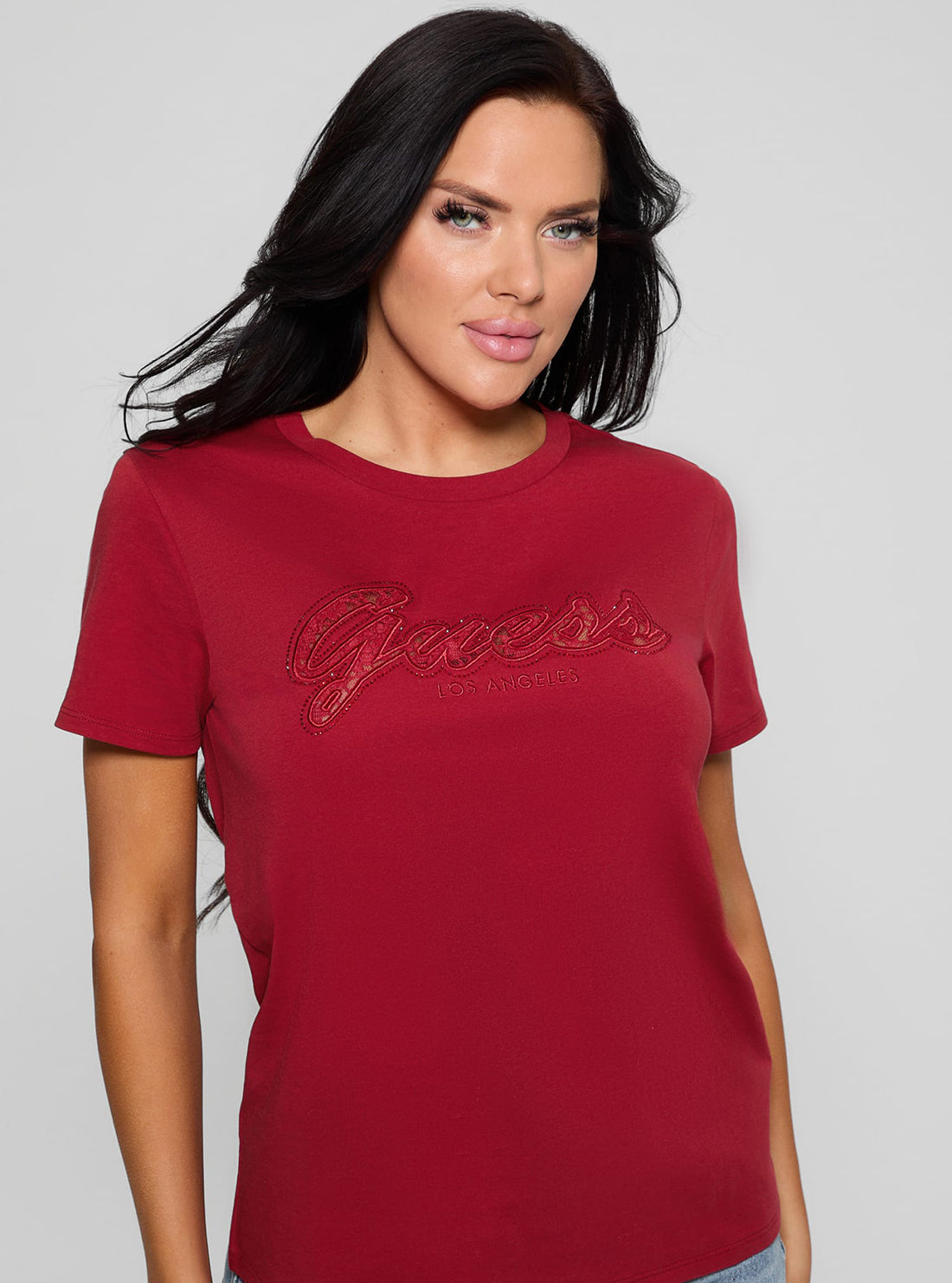 Eco Red Script Lace Logo T-Shirt | GUESS