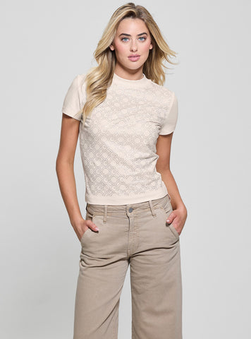 Beige Logo Mock Neck T-Shirt