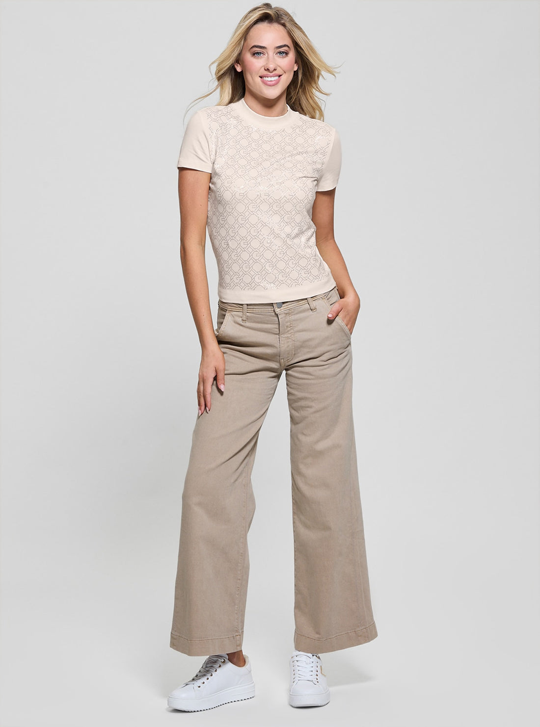 Beige Logo Mock Neck T-Shirt