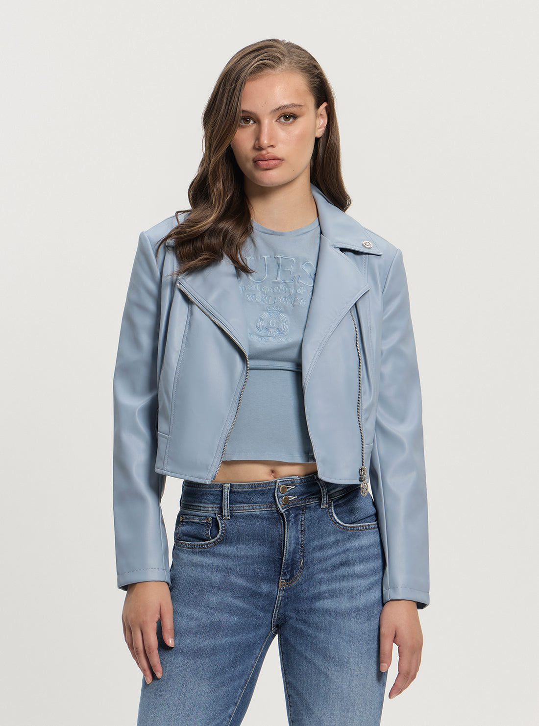 Blue Clemence Leather Jacket GUESS