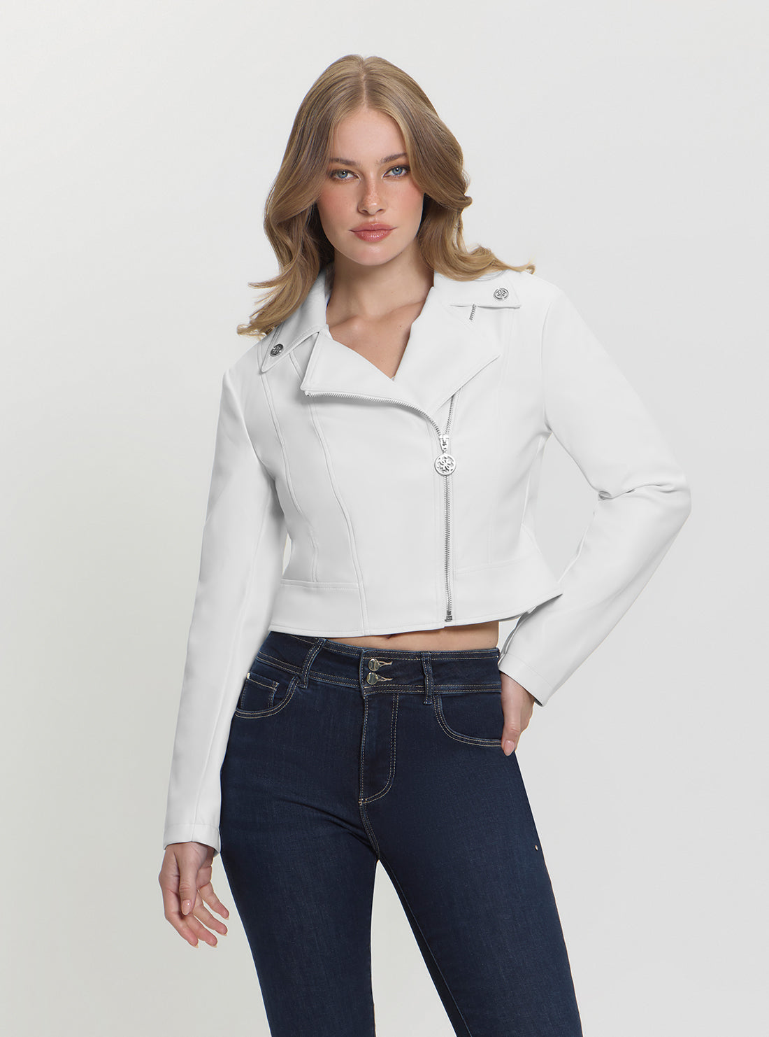 GUESS ホワイト シングルライダースジャケット L White Clemence Faux-Leather Jacket | GUESS