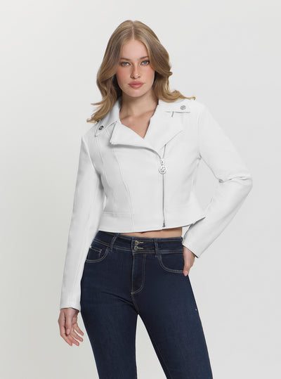 GUESS Womens White Clemence Faux Leather Jacket W5RL22WE480 Front View