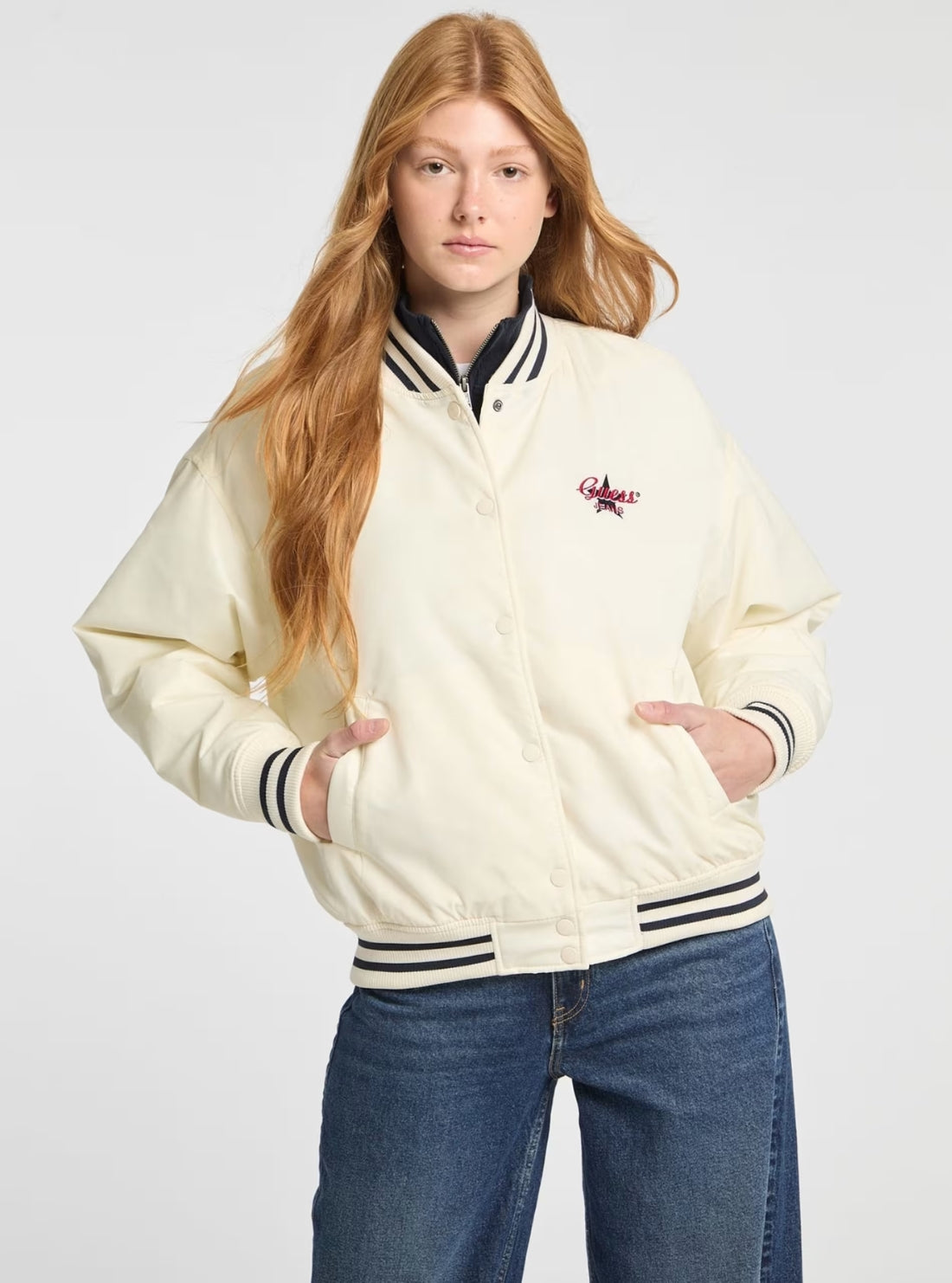 White Embroidered Varsity Bomber Jacket GUESS Jeans