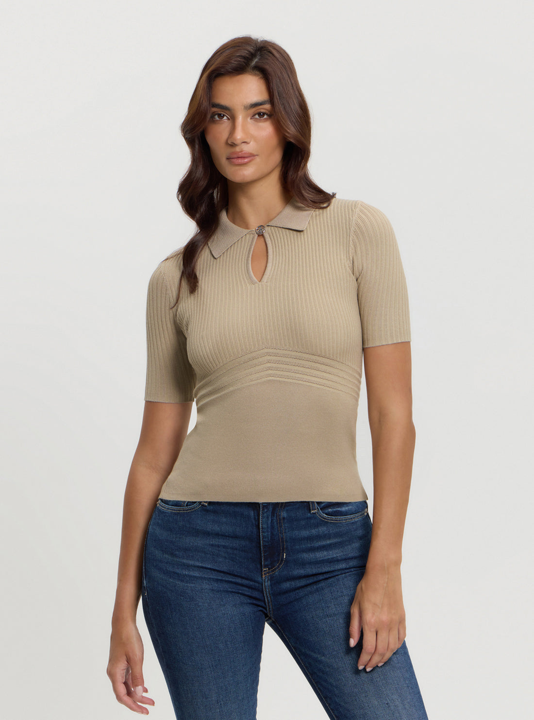 Beige Floral Cut-Out Knit Top