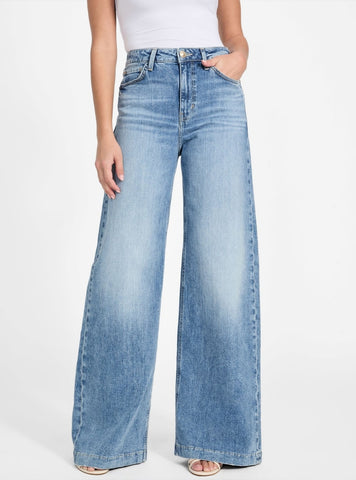 GUESS Womens Eco High-Rise Bellagio Wide-Leg Jeans in Light Wash W5YA1CD5QP2 Front View