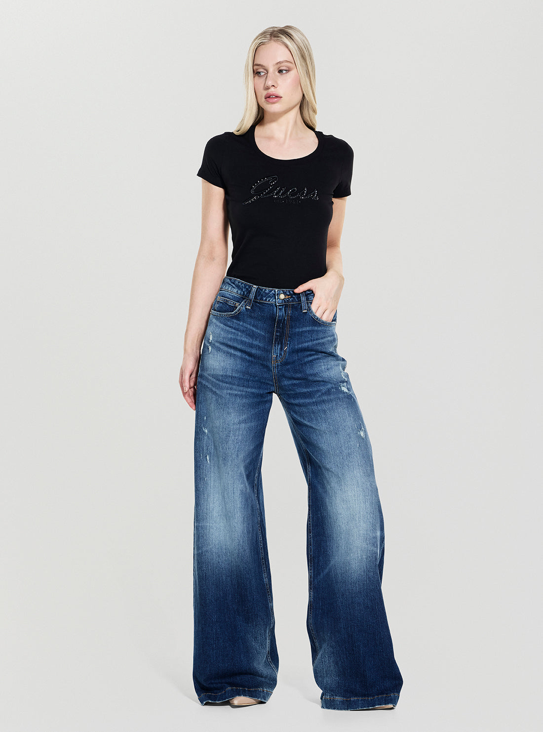 GUESS Womens Eco Bellagio Wide-Leg Jeans in Medium Wash W5YA1CD5QP3 Full view